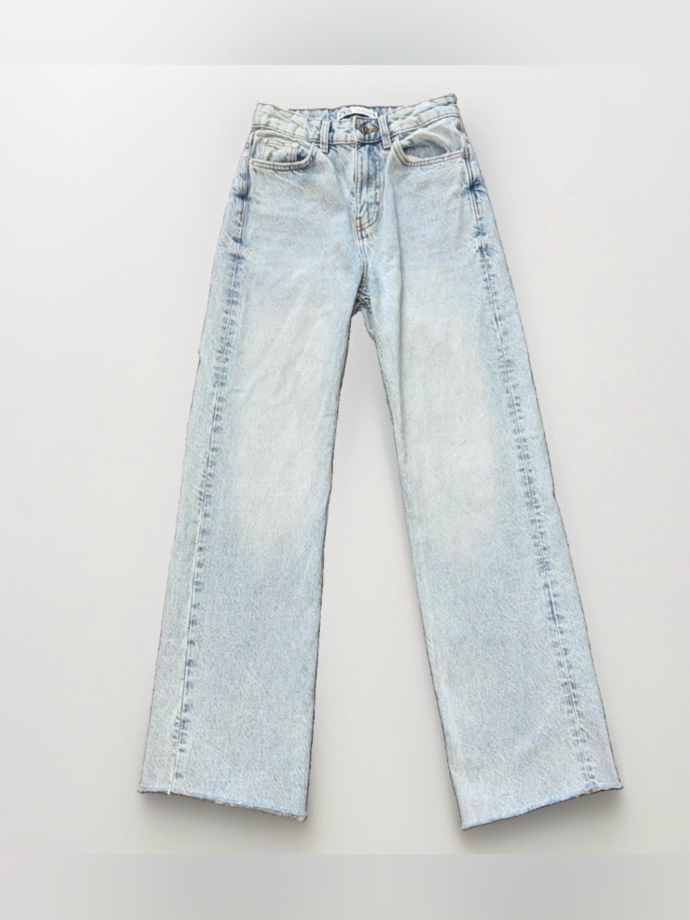 Zara Light Wash Wide Leg Straight High Rise Jeans Raw Hem Size 0 100% Cotton